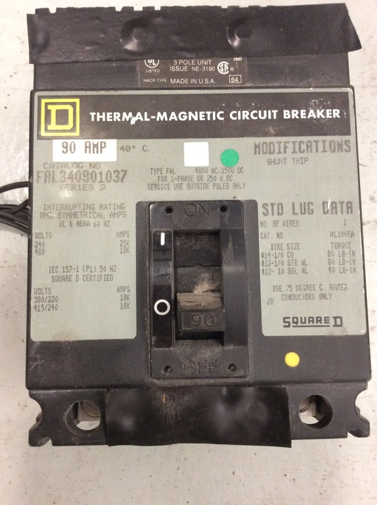 Square D Circuit Breaker FAL340901037 90 Amp 480 Volt 3 Pole Shunt Trip