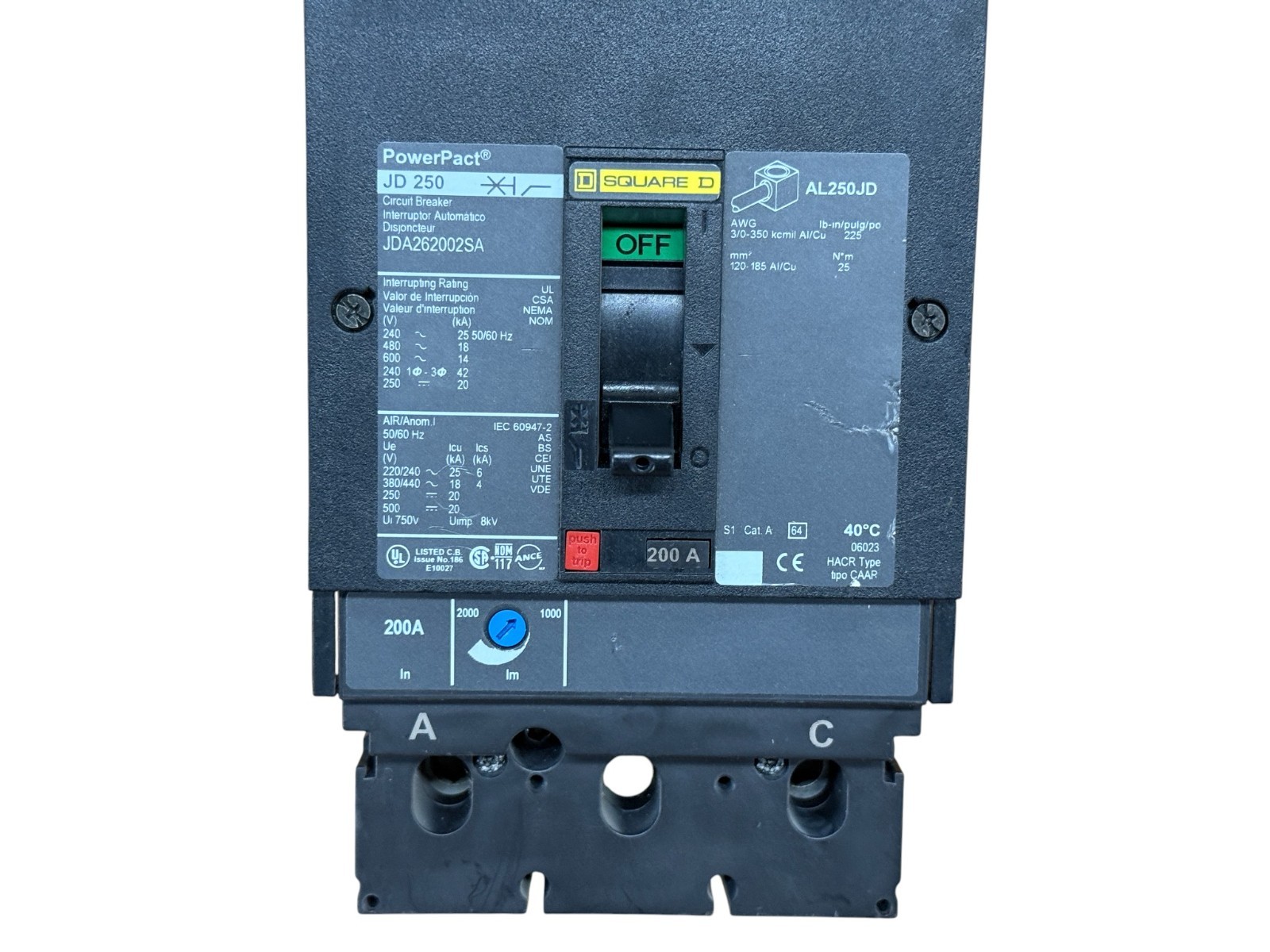 Square D Powerpact JDA262002SA 200A 2-Phase 2-Pole 600V Used Circuit Breaker