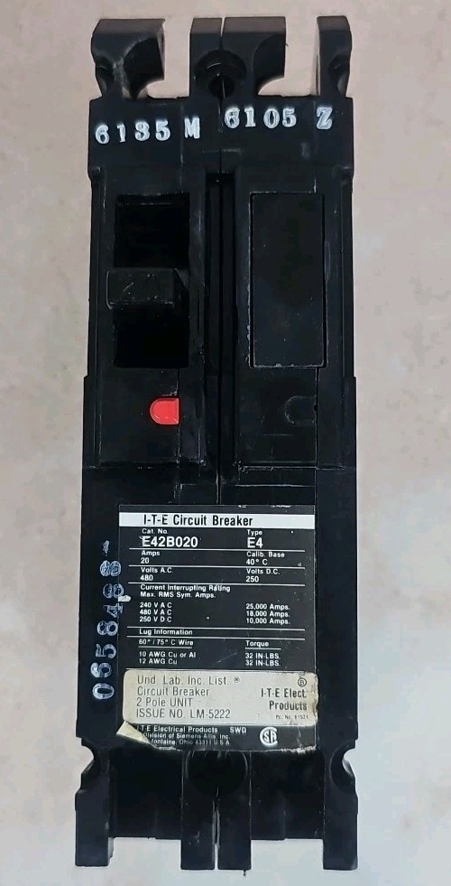 ITE Siemens E42B020 Black 480Volts 20Amp Type E4-A 2 Pole Unit Circuit Breaker