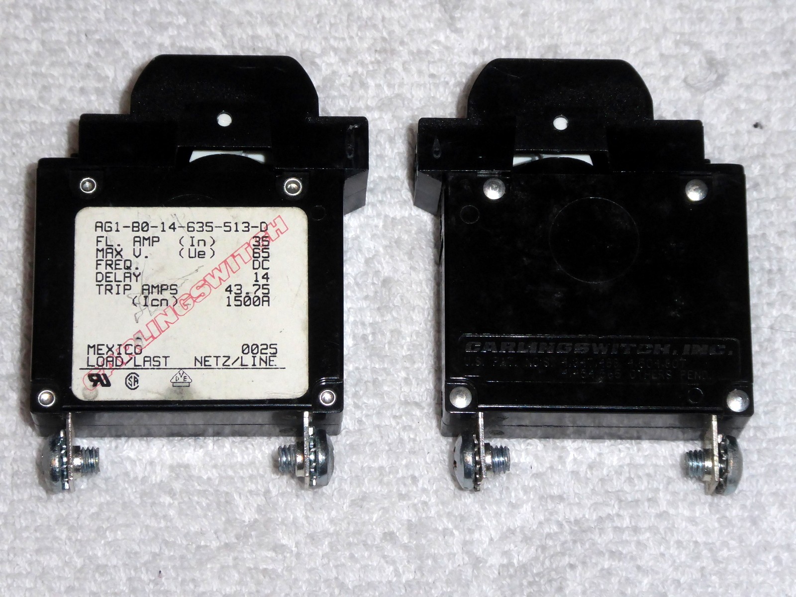Lot of 2 AG1-B0-14-635-513-D Carling Technologies Circuit Breaker 1-Pole 35A 65V