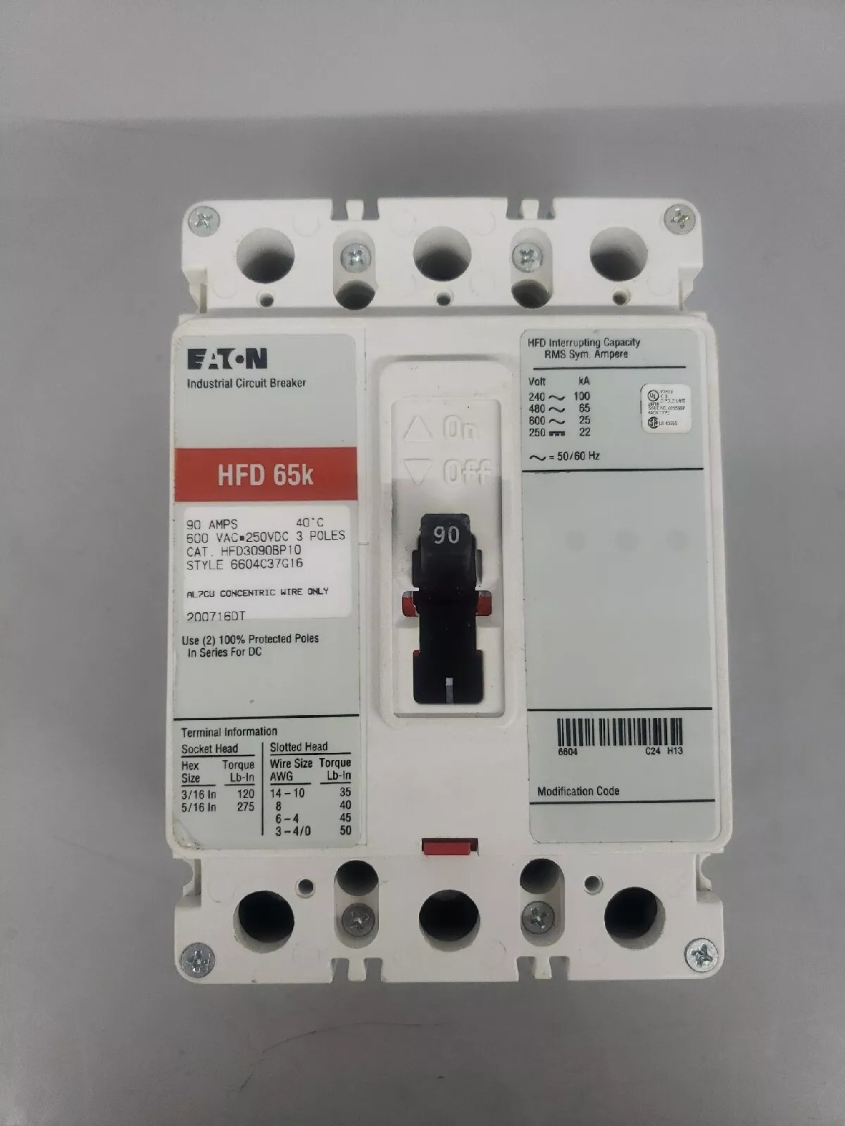 New HFD3090BP10 Circuit Breaker 90A 3P 600V 3PH HFD 65k 3 pole 90 Amp