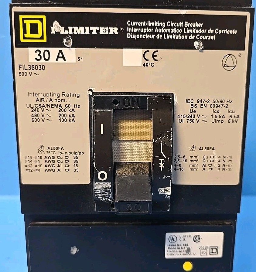 Square D FIL36030 30A 600V 3Pole I-Limiter Circuit Breaker
