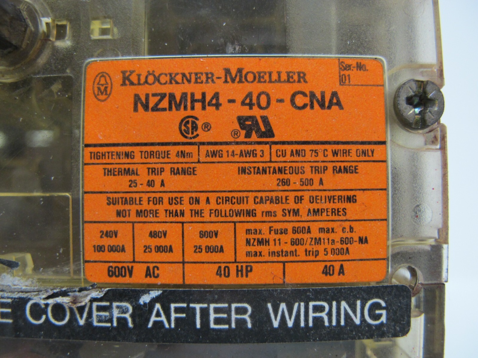 Klcokner Moeller NZMH4-40-CNA 40 Amp Breaker 600 V AC 40 HP NZMH440CNA