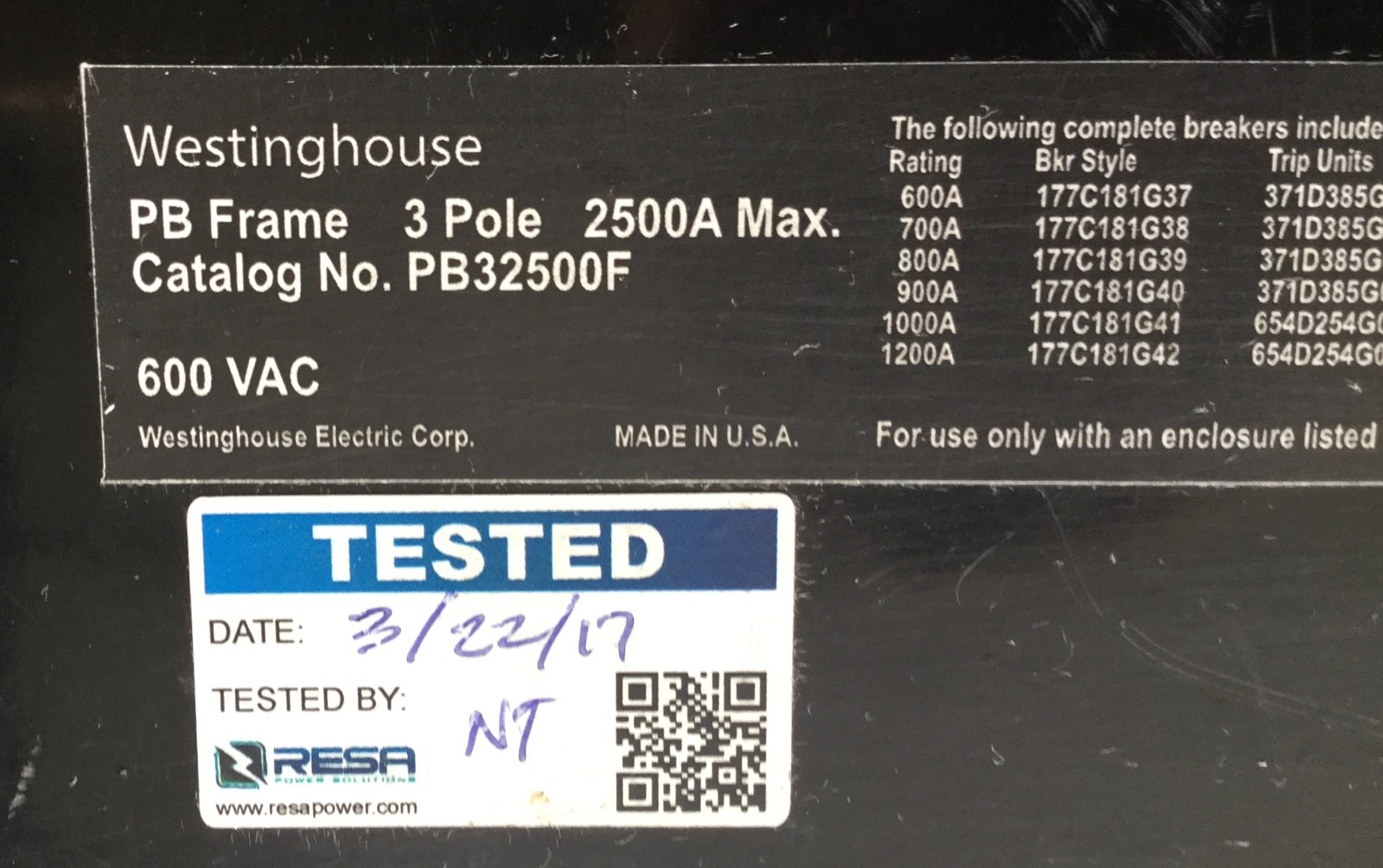 WESTINGHOUSE PB32500F CIRCUIT BREAKER 3 POLE 2500A 600VAC NEW OLD STOCK NO BOX