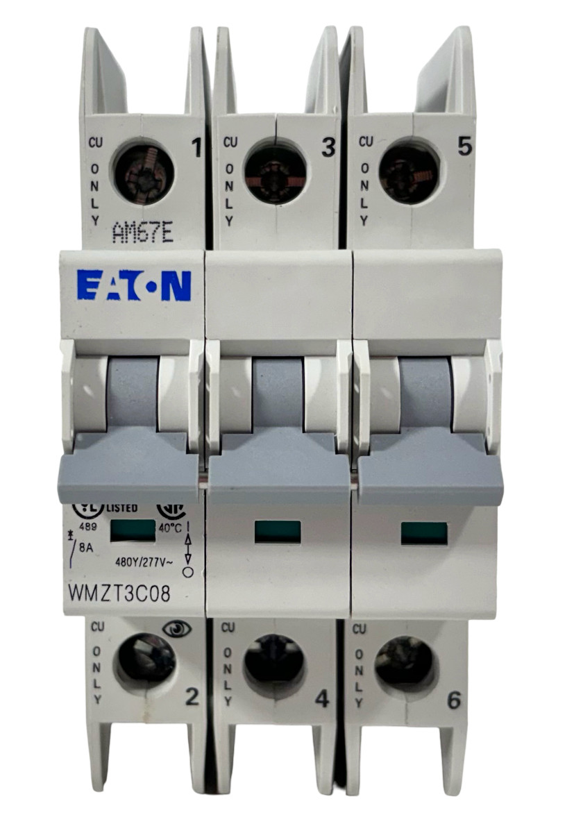 Eaton WMZT3C08 Breaker 8A 3‑Pole 480Y/277V 10kA Type C DIN‑Rail Screw Terminals