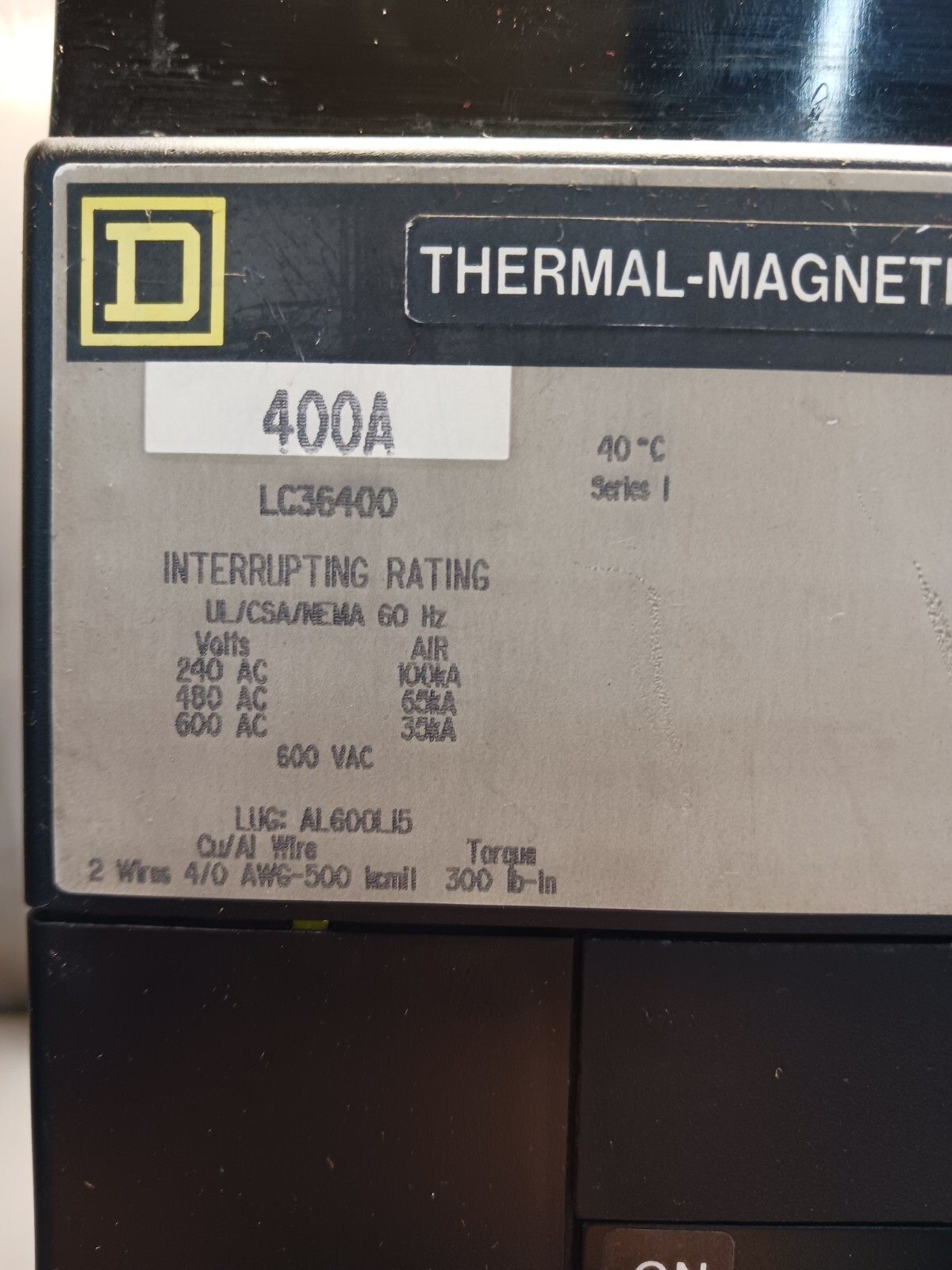 SQUARE D 400 AMP I-LINE CIRCUIT BREAKER 600 VAC 3 POLE LC36400