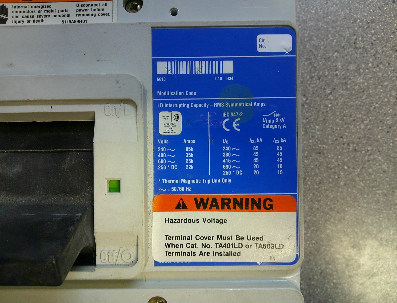 CUTLER HAMMER LD3600F 600 AMP 600 VOLT CIRCUIT BREAKER WITH MAGNETIC TRIP