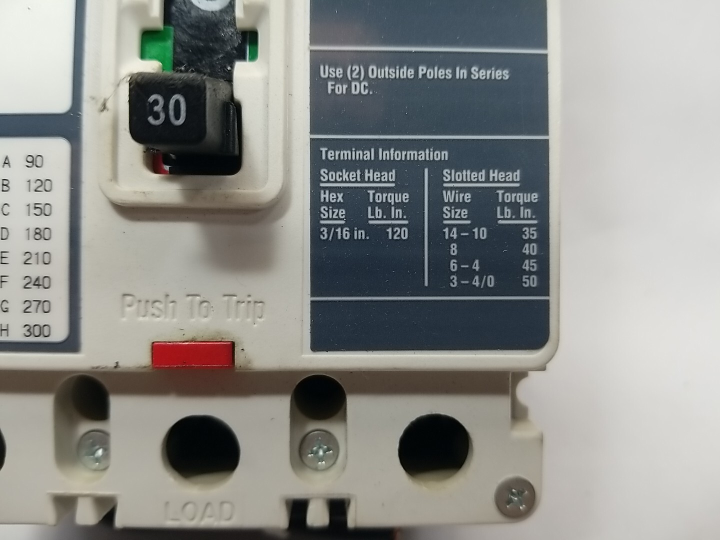USED EATON HMCPS030H1C 30 AMP CIRCUIT BREAKER 3 POLE 600 VAC 250 VDC