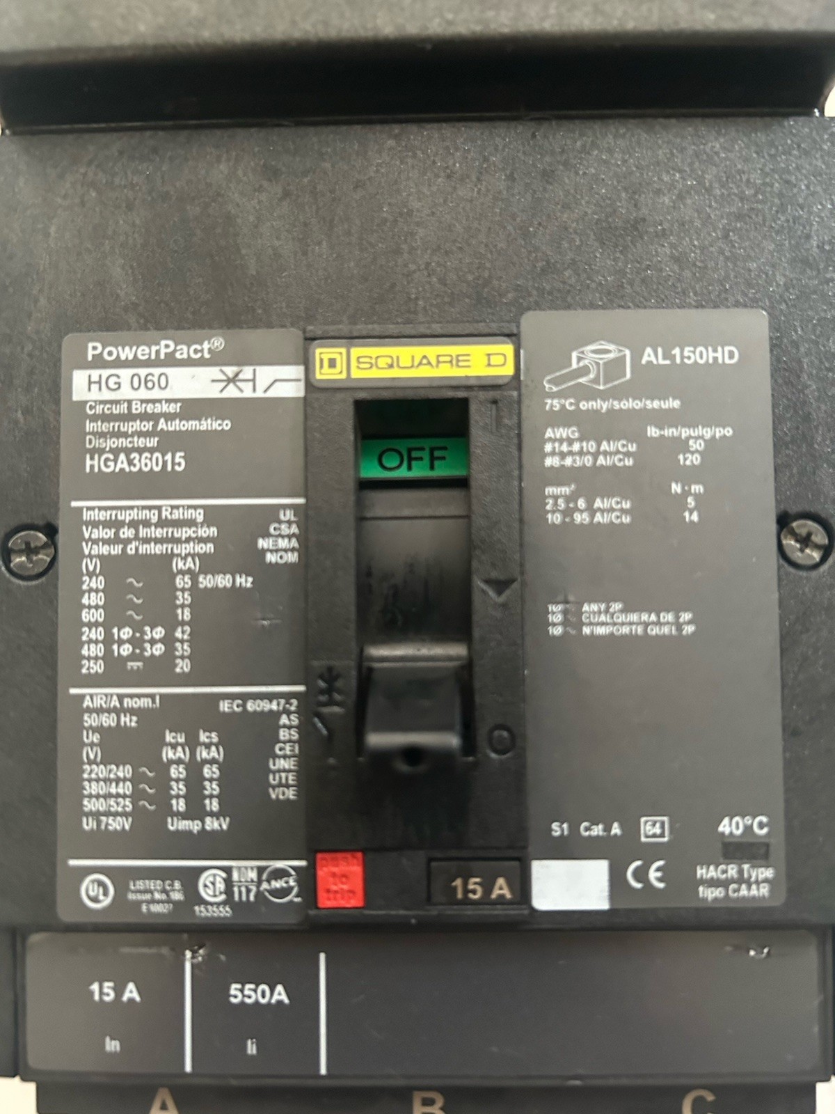 Square D PowerPact HG 060 15A 3-Pole Circuit Breaker HGA36015 AL150HD 240-600V