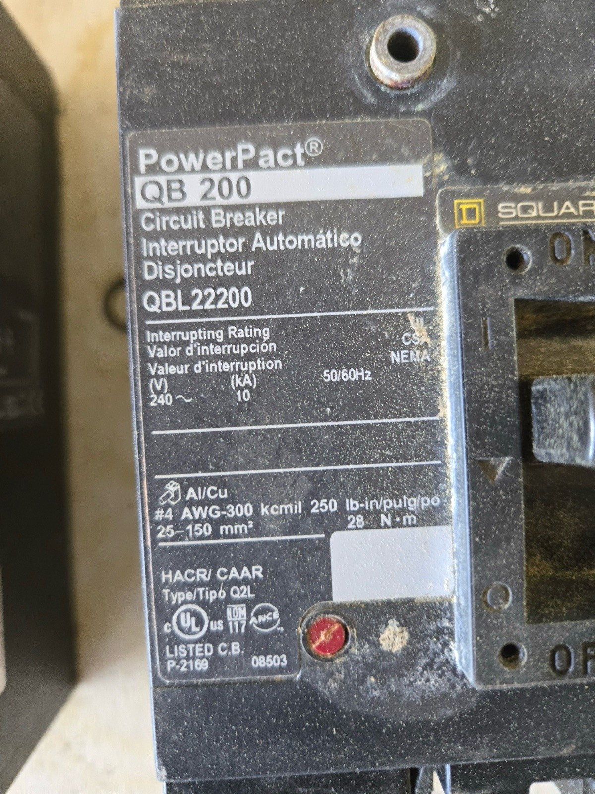 Square D PowerPact QBL22200 200A 2-Pole 240V AC Circuit Breaker HACR