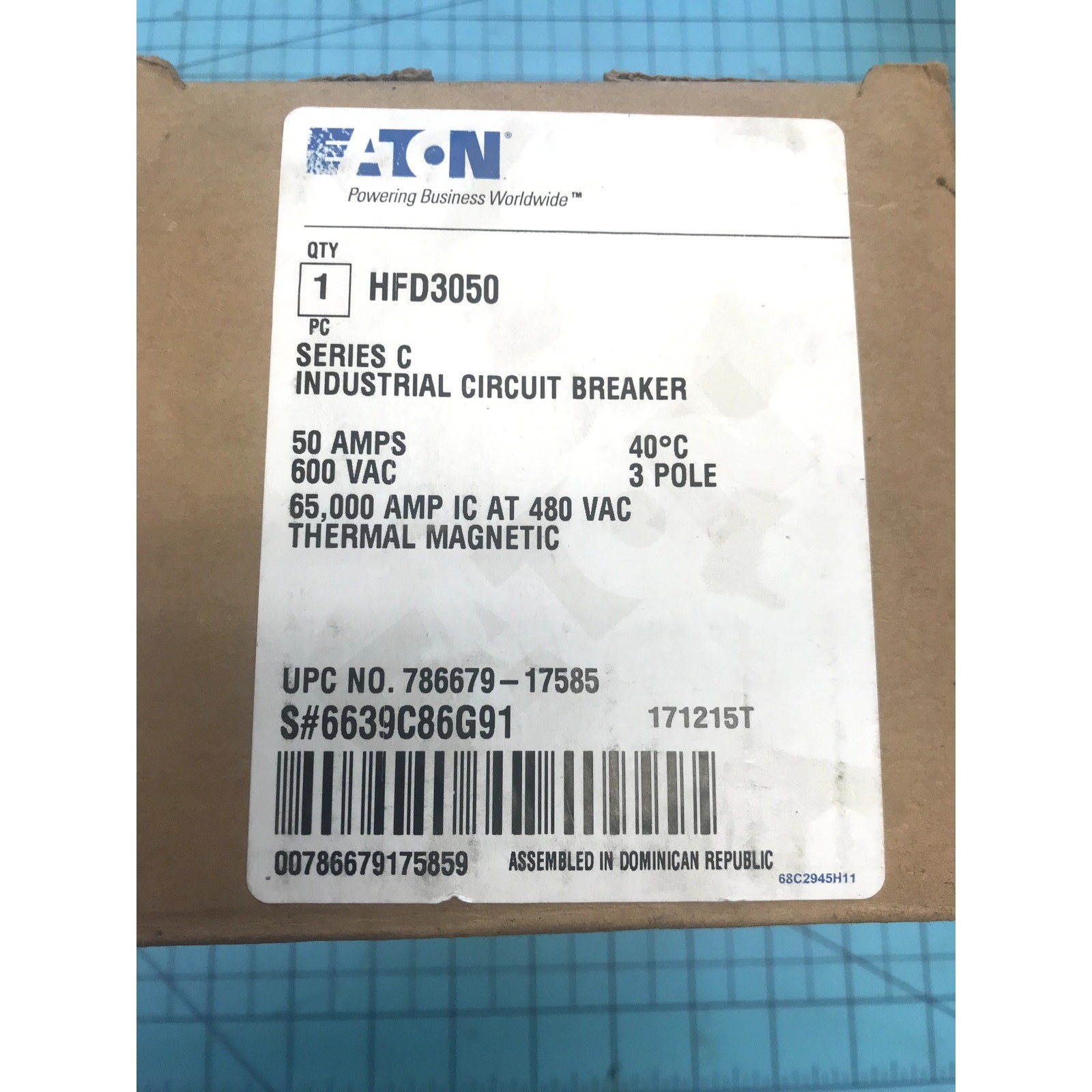 Eaton HFD3050 50A 3P 600V Circuit Breaker 65kA F-Frame Series C 6639C86G91