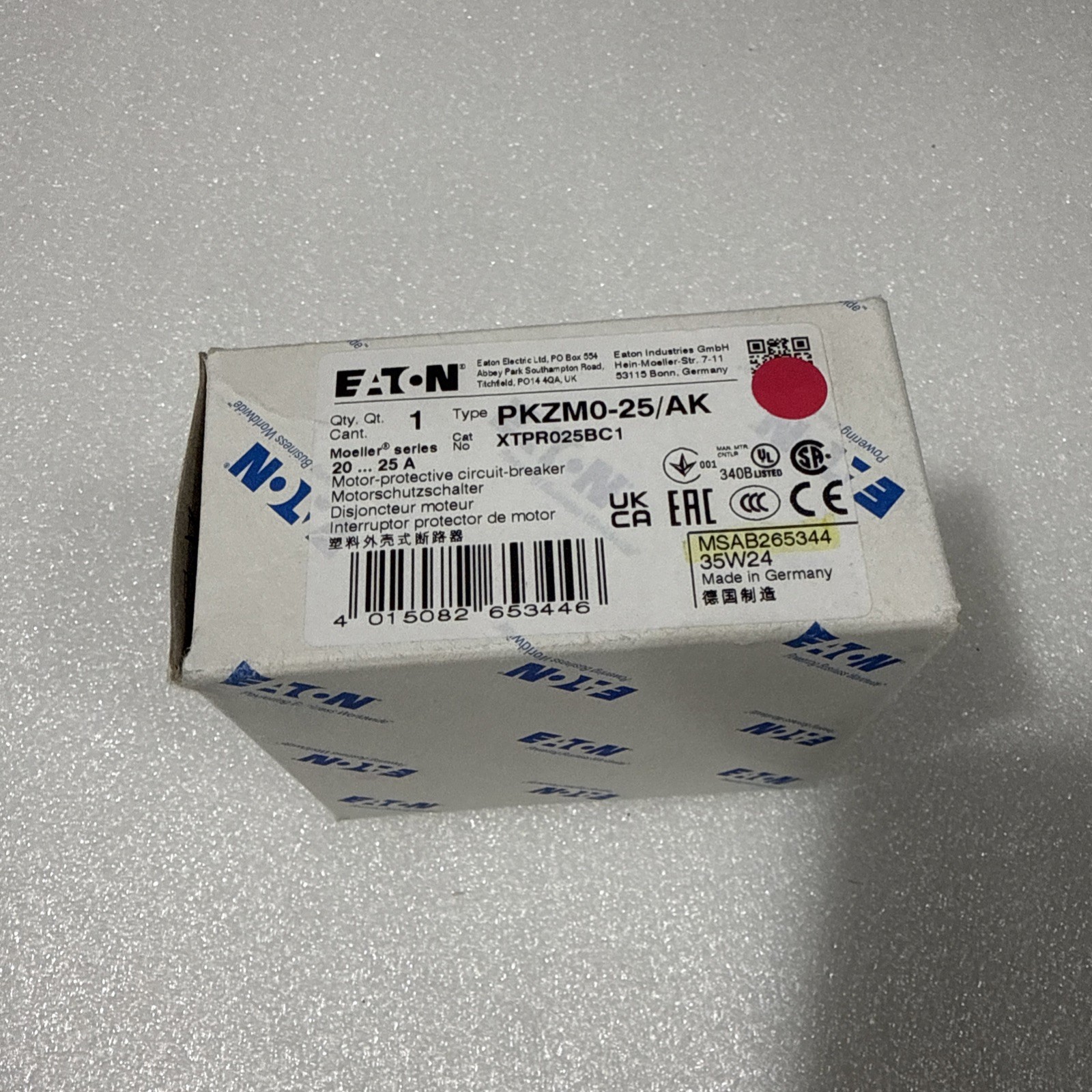 MSAA265344 EATON MOTOR PROTECTIVE XTPR025BC1 PKZM0-25/AK 20-25AMP NEW