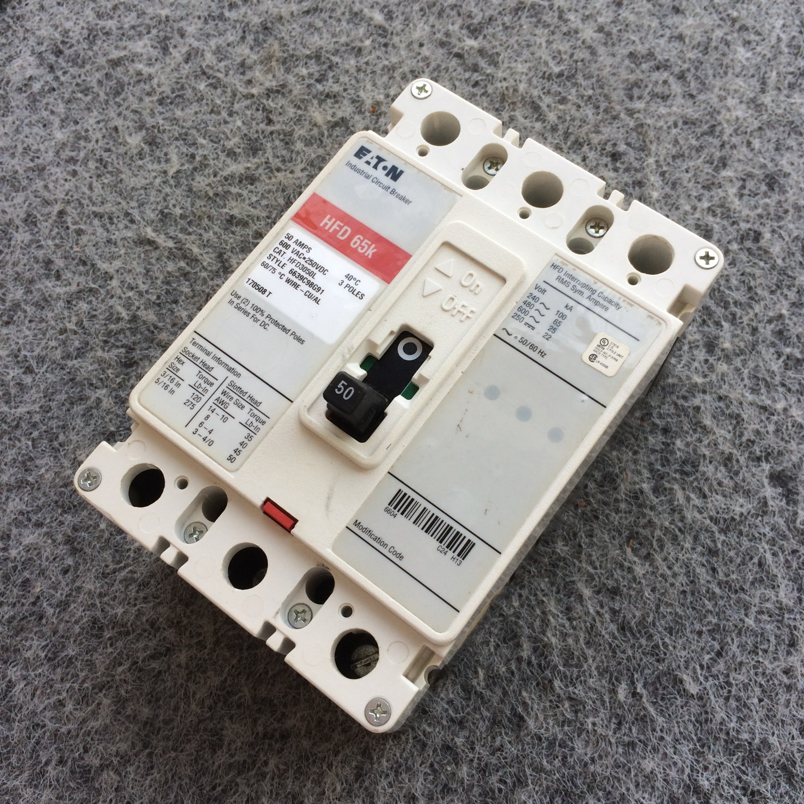 Eaton HFD3050L 50A Circuit Breaker Glossy Red 600V HFD3050 Cutler-Hammer 50 Amp