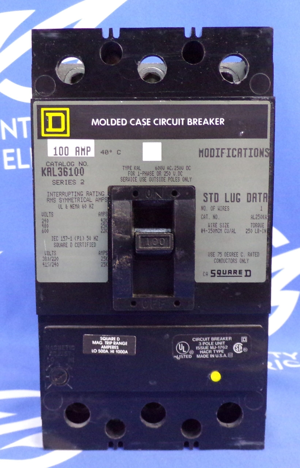 SQUARE D CIRCUIT BREAKER KAL36100 100A 600V 3P 1YR WARRANTY