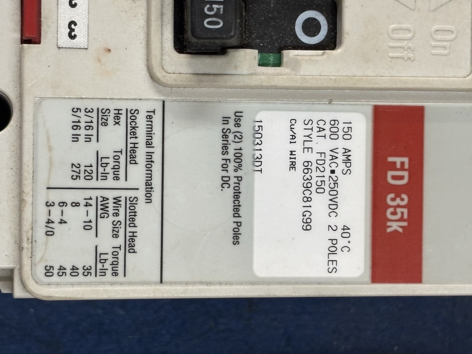 Eaton FD2150 2 pole 150 amp Circuit Breaker 240-600vac MFG Date 2023