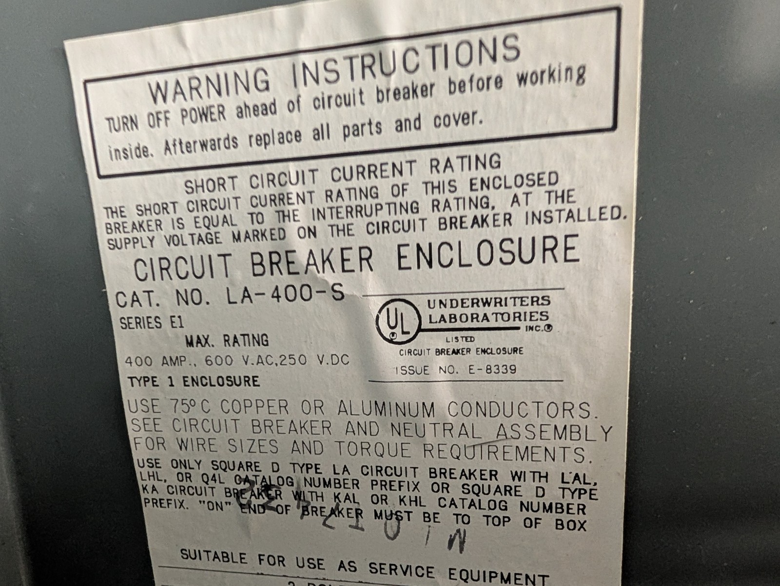 🤪 SQUARE D 400 AMP ENCLOSED CIRCUIT BREAKER 400 VAC 3 POLE LAL36400