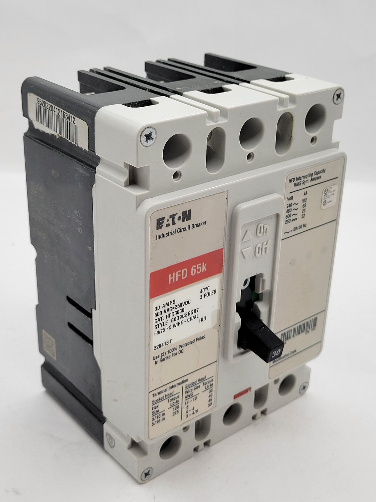 Eaton HFD3030 Bolt-On Circuit Breaker 30A 3P 600V HFD65K Red 30 Amp