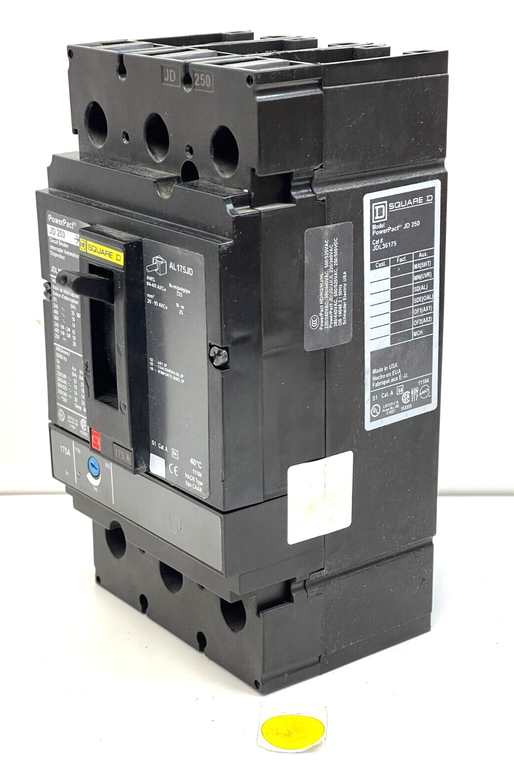 SQUARE D CIRCUIT BREAKER JDL136250 3POLE 250A 600V THREE PHASE