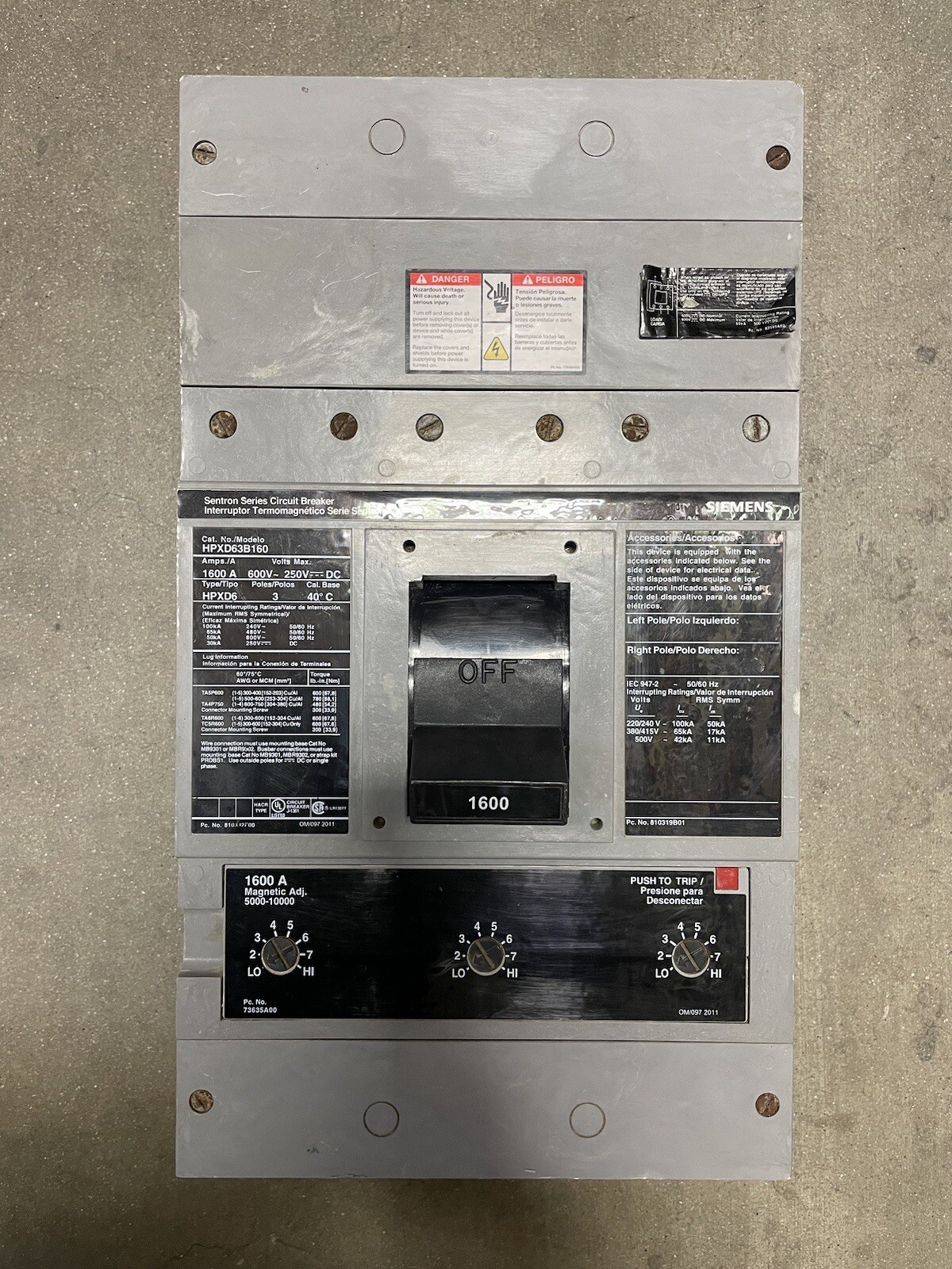SIEMENS HPXD63B160 1600A 600V 3P CIRCUIT BREAKER