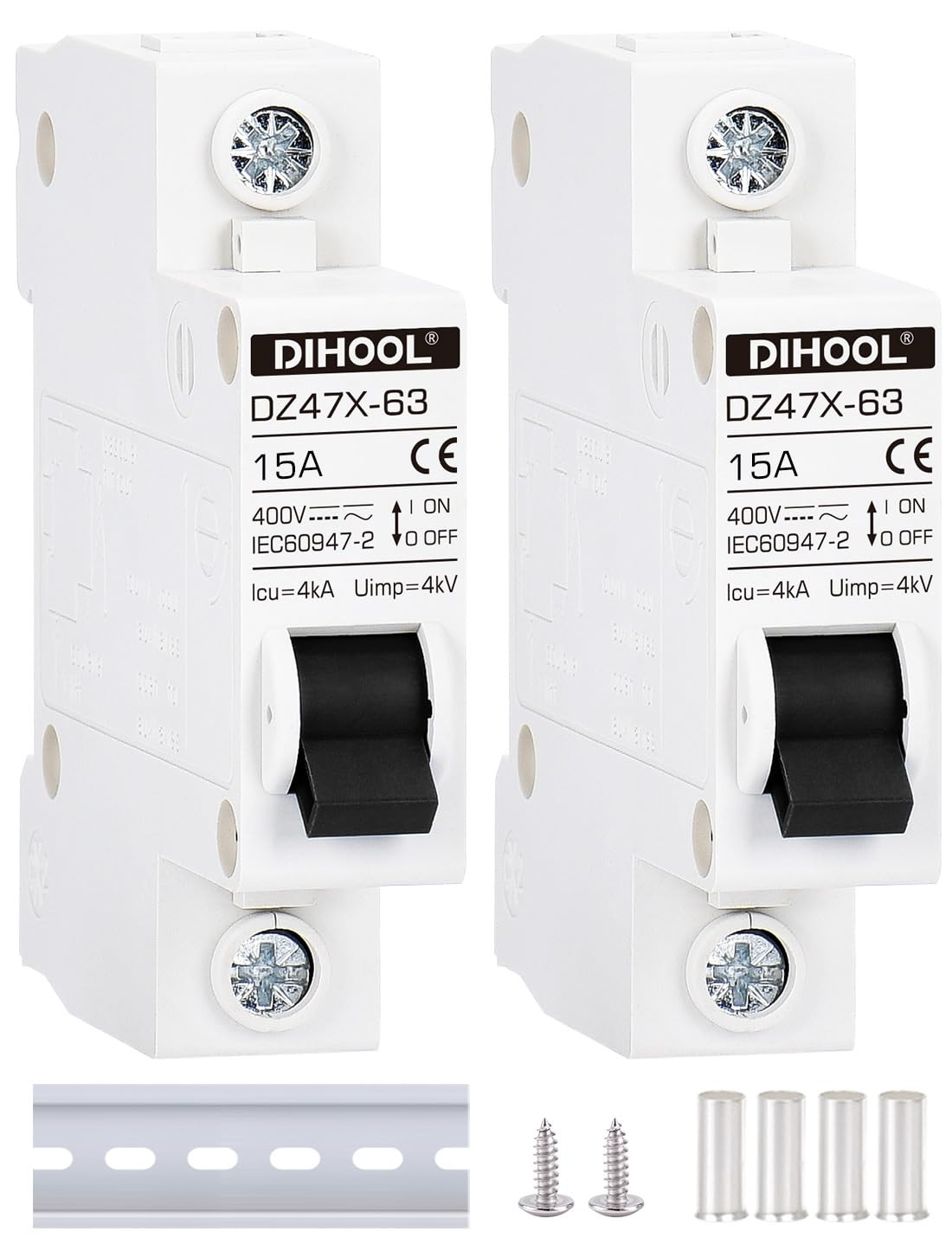DIHOOL AC/DC Miniature Circuit Breakers, 2 Pack, Single Pole 15 Amp, 12V 24V 48V