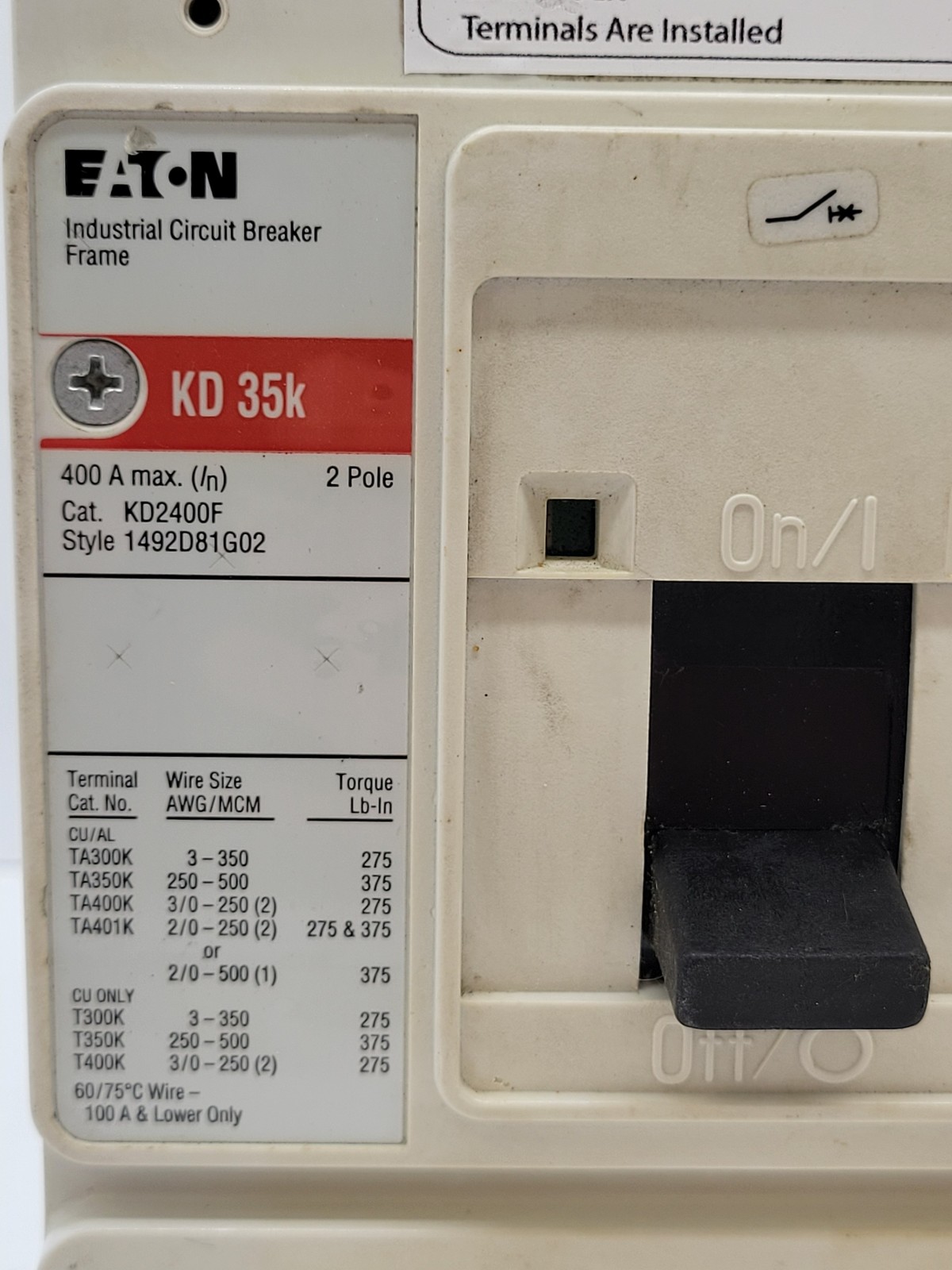Eaton KD2400F Bolt-On Circuit Breaker 400A 2P 480V 1PH KD35K 400A KT2400T Trip