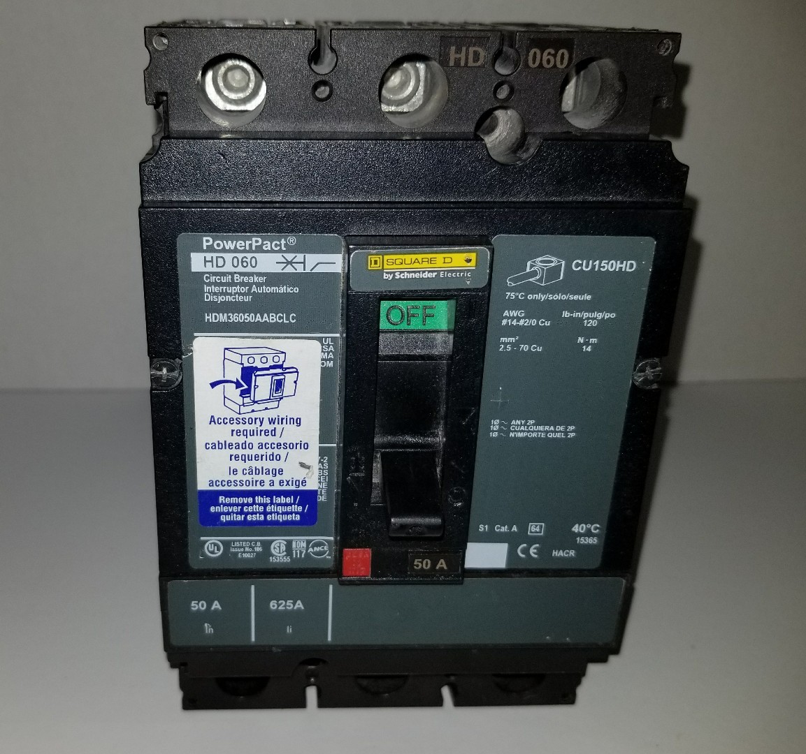 Square D 3 Pole 50A 600V Cat# HDM36050AABCLC