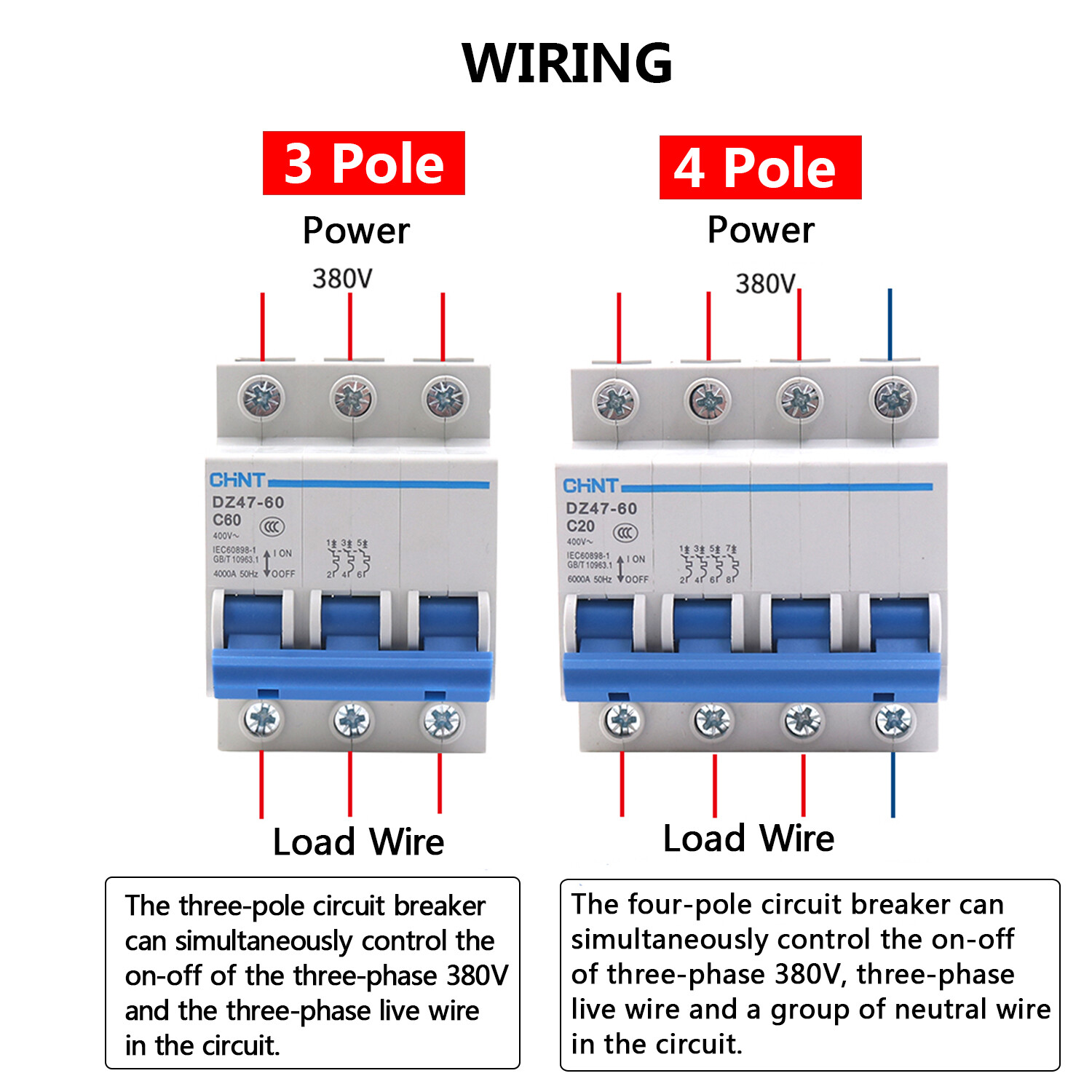 Circuit Breakers 1/2/3/4/6/10/16/20/25/32/40/60 Amp MCB Type C 6kA 1/2/3/4-Poles