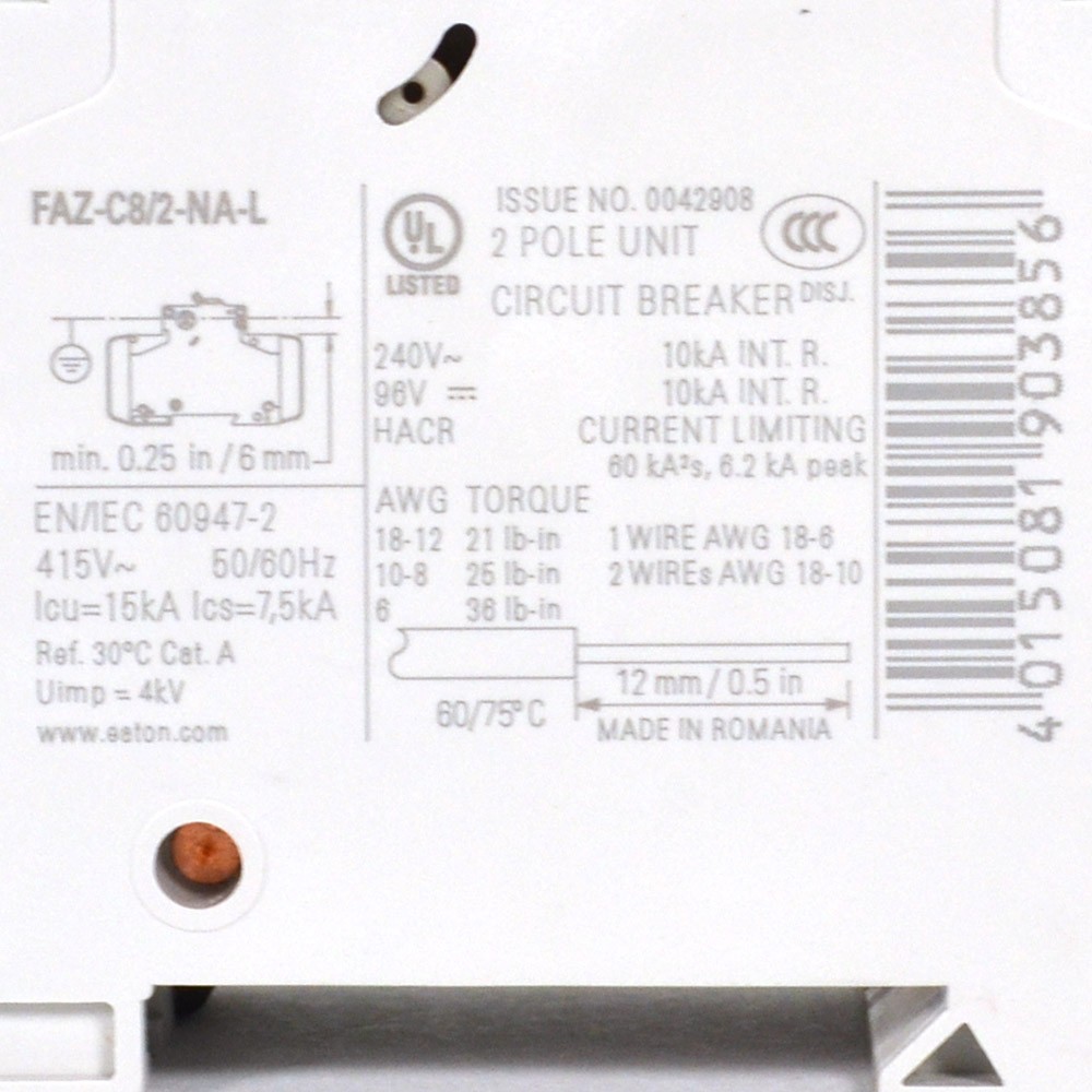 NEW Eaton FAZ-C8/2-NA-L 190634 Moeller 8A C 2-Pole 240VAC Circuit Breaker UL489