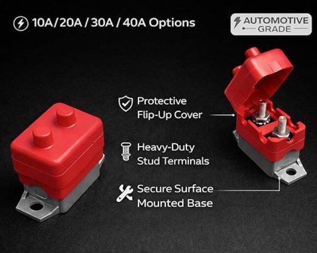 Reset Circuit Breaker with Cover, 12-24vDC Automotive Surface Mo Style: 10 AMP