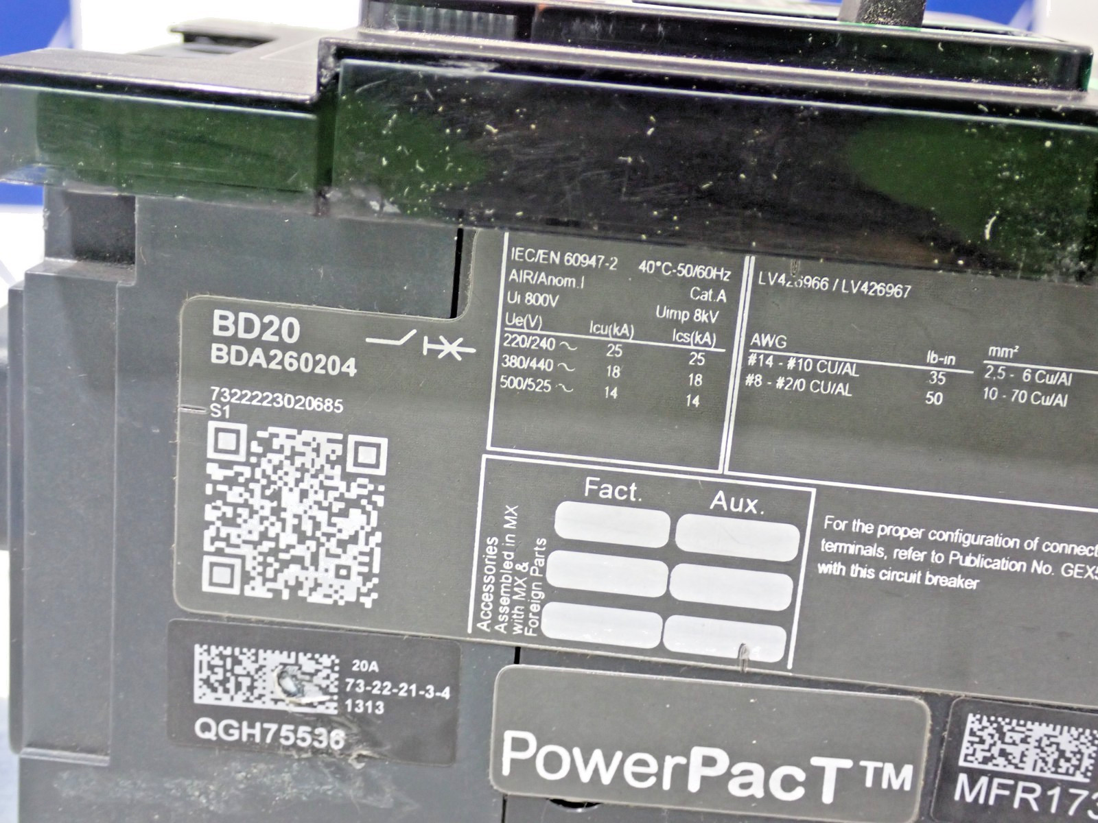 Square D Schneider BDA260204 20 Amp 2 Pole 600V PowerPact I-Line Breaker Tested