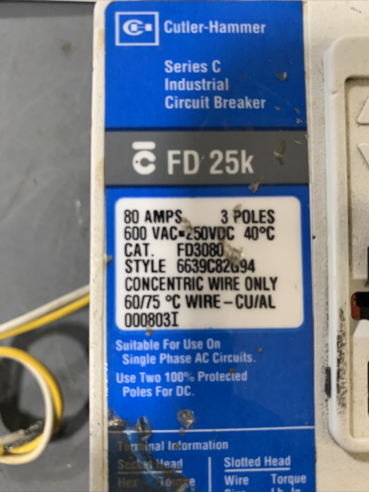 Cutler Hammer FD3080 80 AMP 600V 3Pole Breaker Shunt Trip SNT1RP08K FD 25K