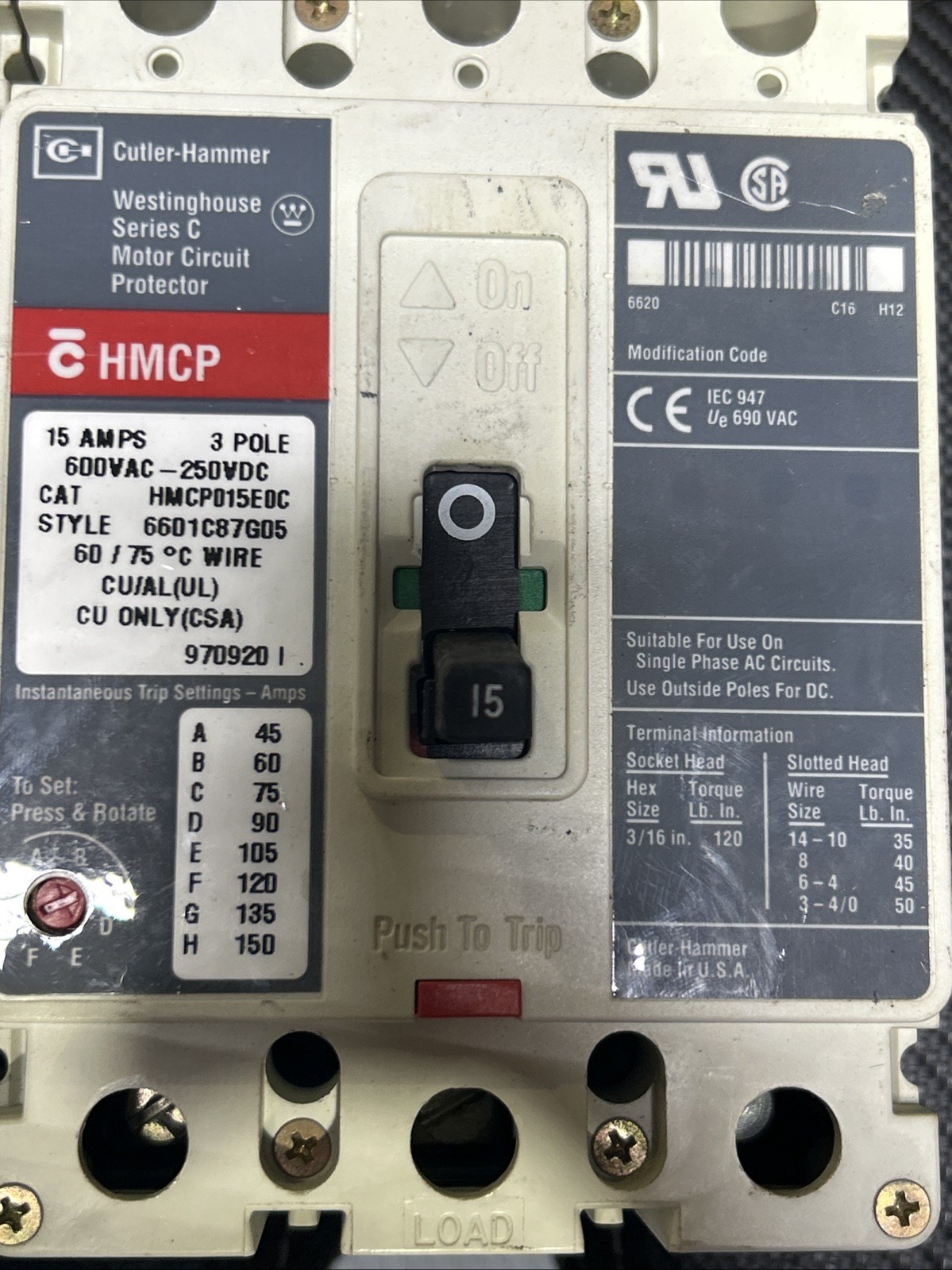3 Used EATON /Cutler Hammer HMCP015EOC 15 Amp 600 Volt 3 Pole Circuit Breakers