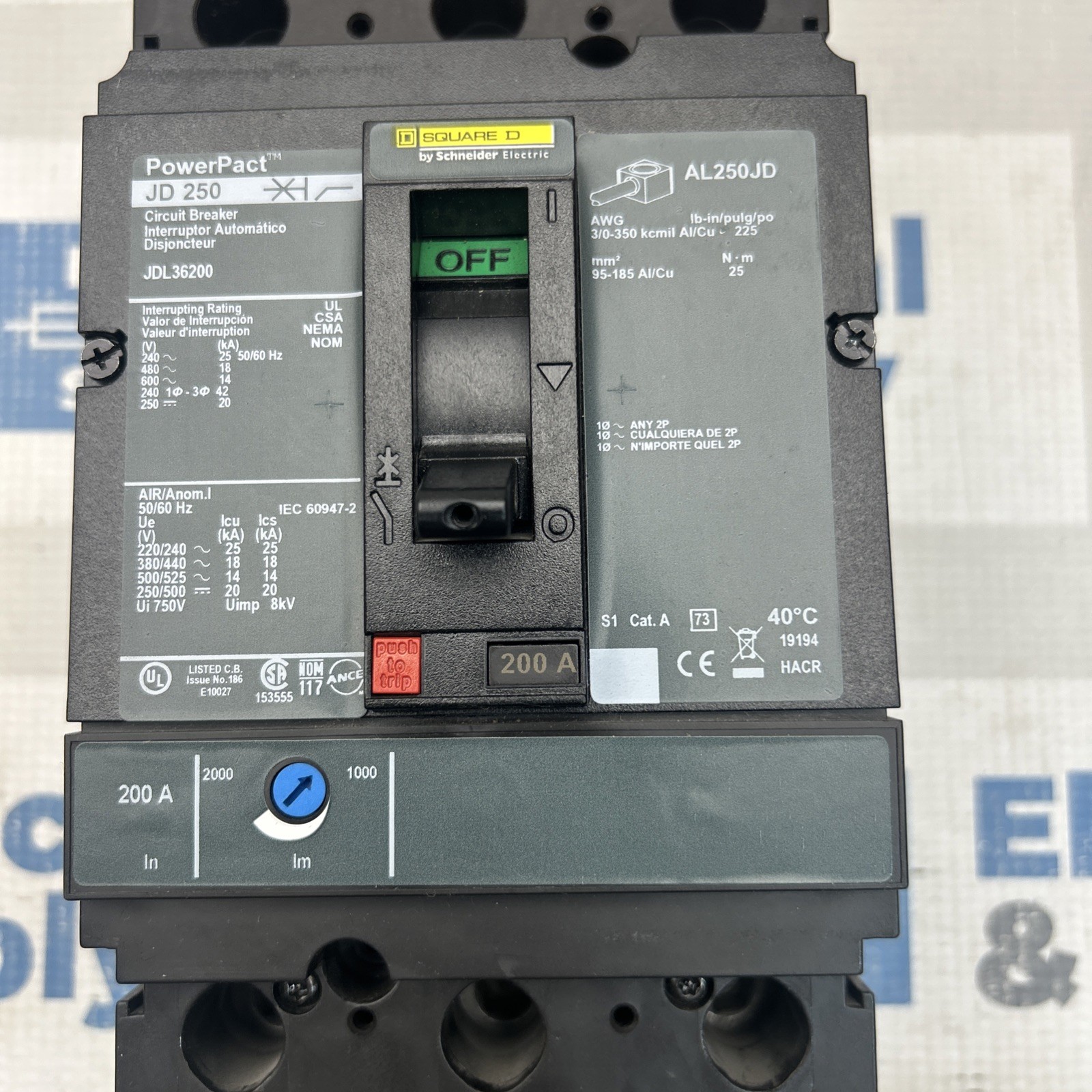 JDL36200 Square D Feed-Thru 600V 200A 3 pole circuit breaker Pullout