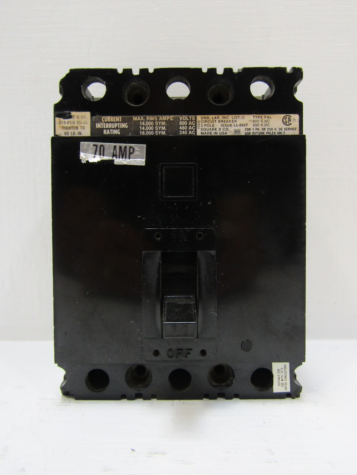 Square D FAL-36070 70 Amp 600V 3-Pole Circuit Breaker 70A 600 VAC Chipped