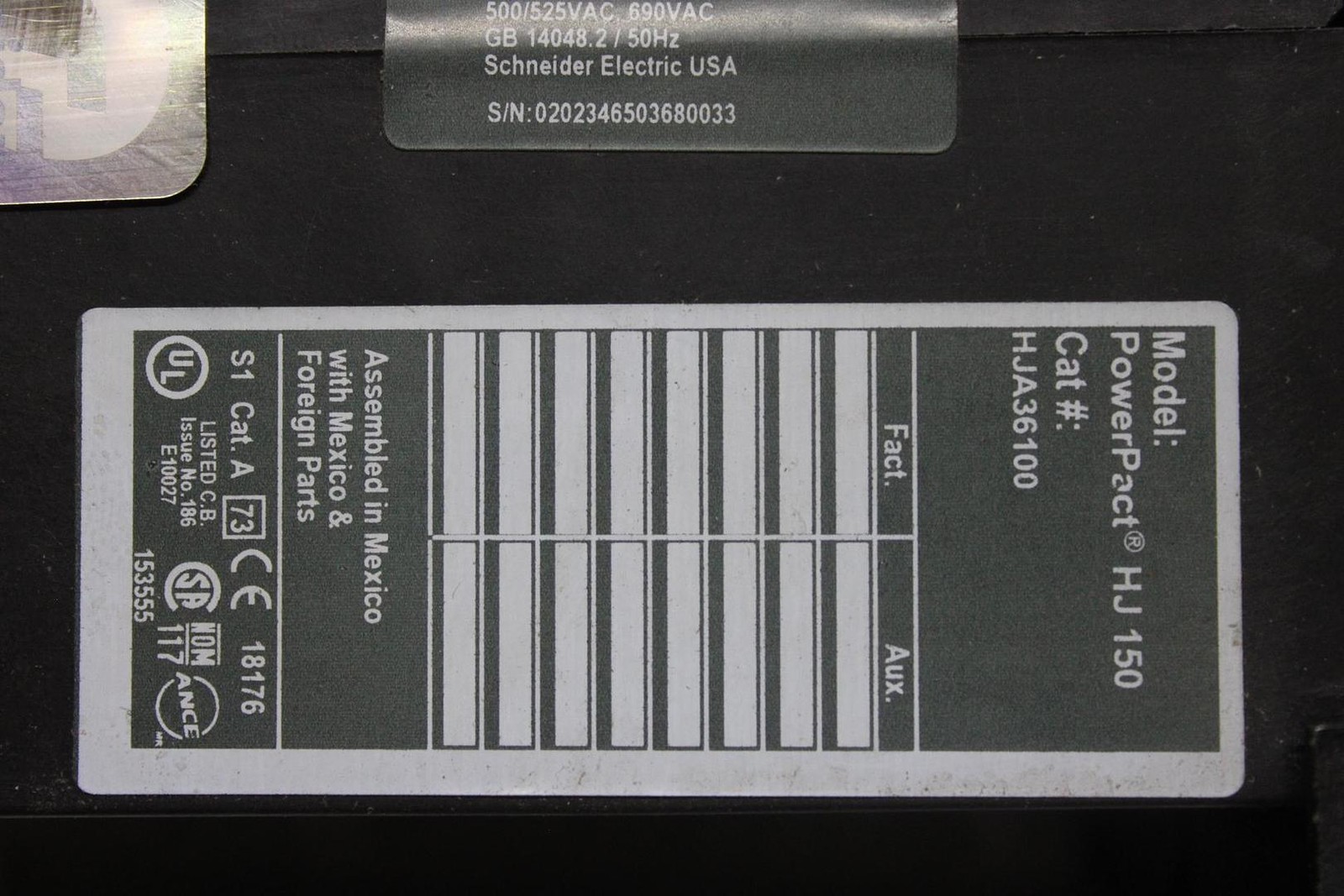 SQUARE D POWERPACT I-LINE CIRCUIT BREAKER HJA36100 100 AMP 600 VAC 3-POLE