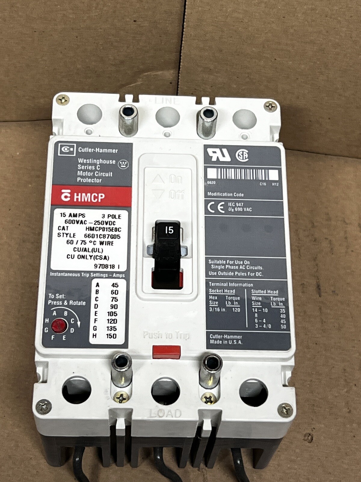 Cutler Hammer Circuit Breaker Series HMCP015E0C 15 amps 3 pole