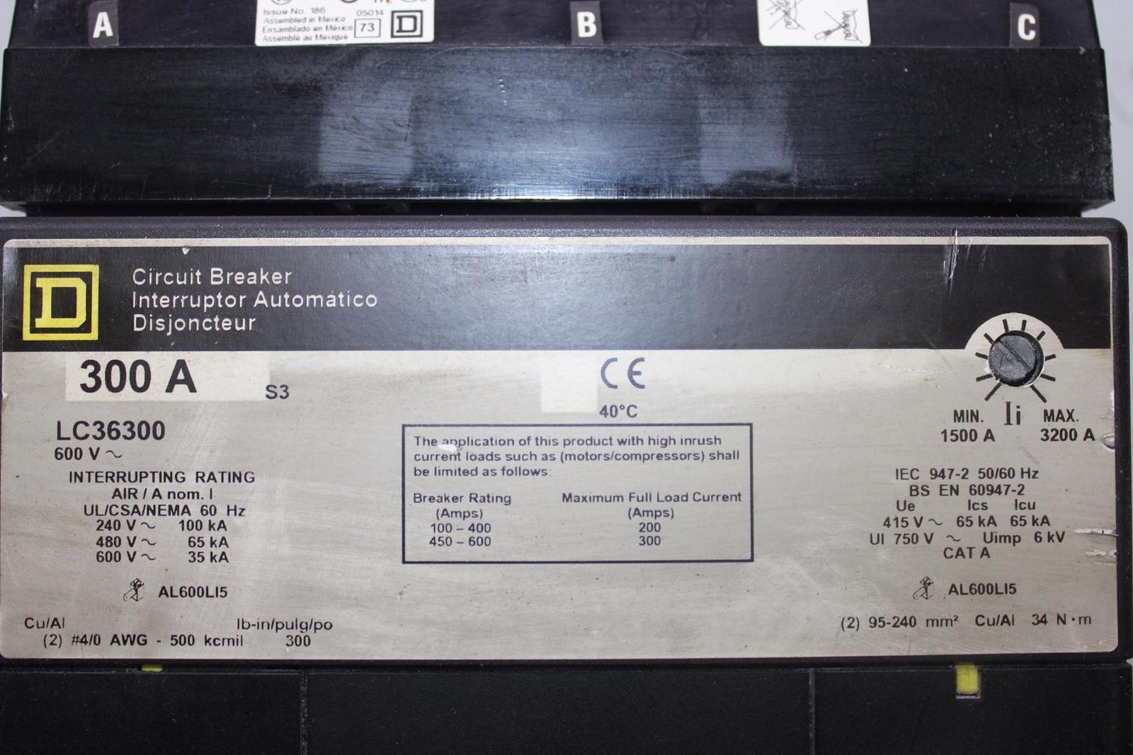 SQUARE D I-LINE CIRCUIT BREAKER LC36300 300 AMP 600 VAC 3-POLE