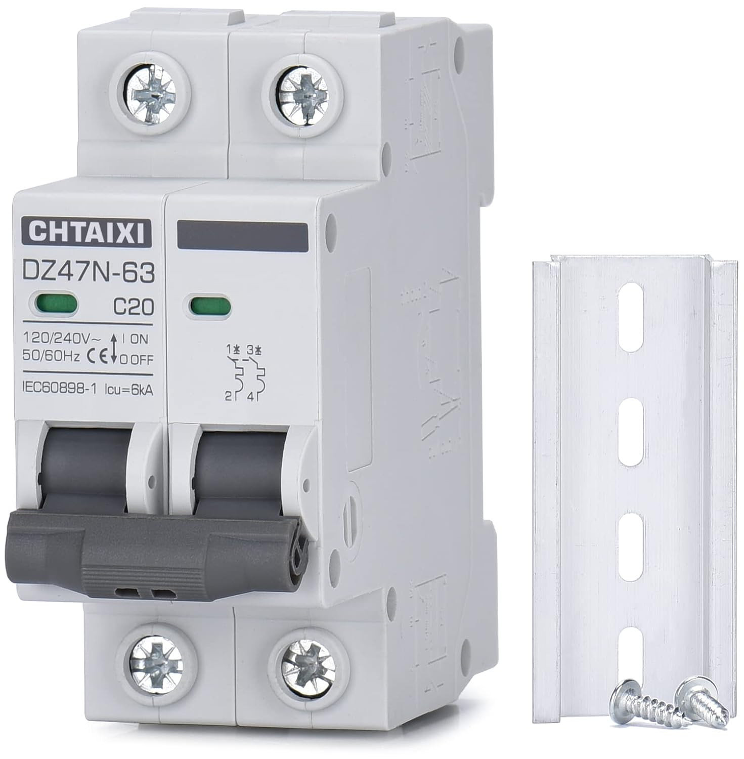 AC Miniature Circuit Breaker, 20 Amp 120V/240V 2 Pole DIN Rail Mount Circuit