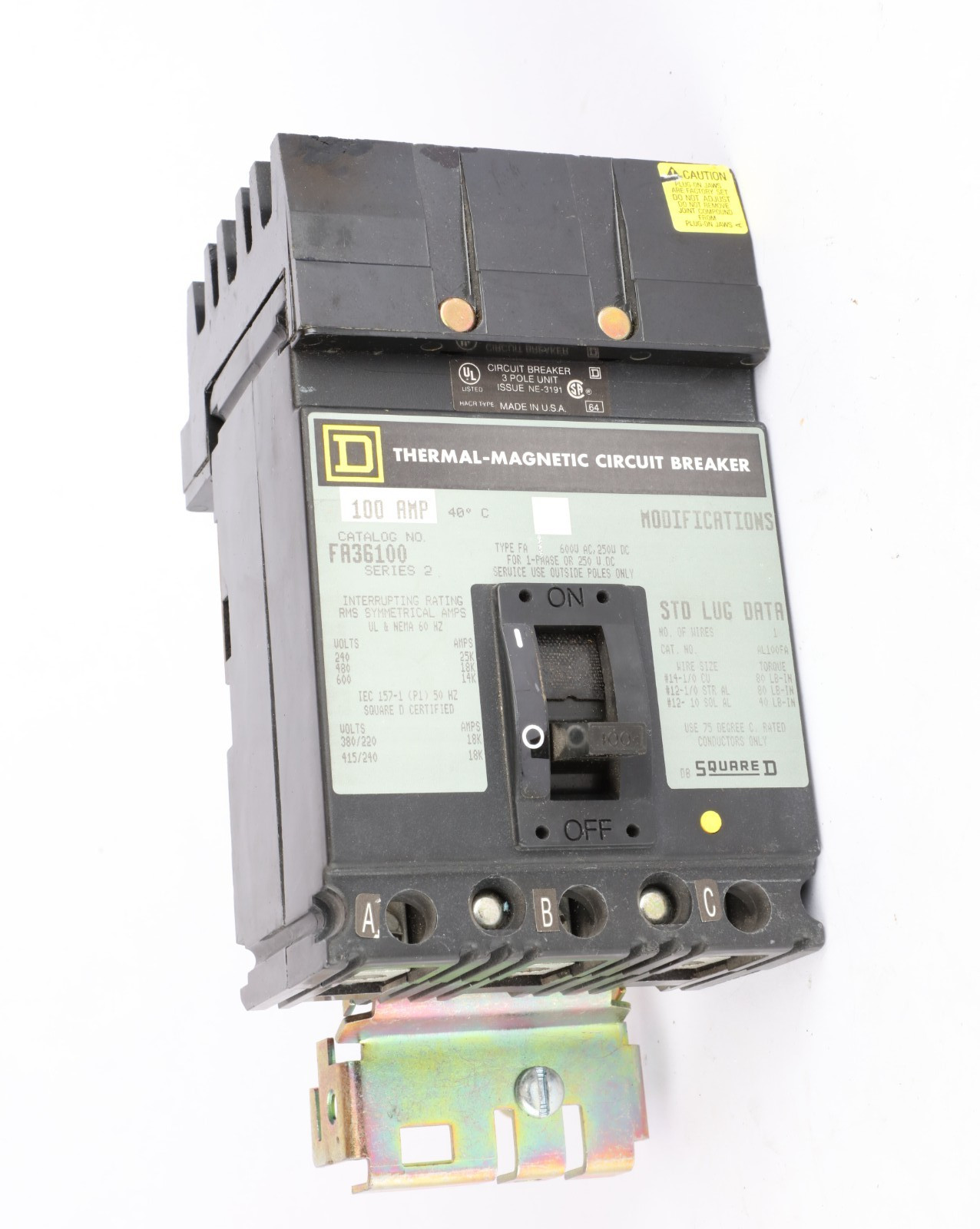 Square D FA36100 Series 2 I-Line Circuit Breaker, 100Amp, 240/480/600 VAC 3-Pole