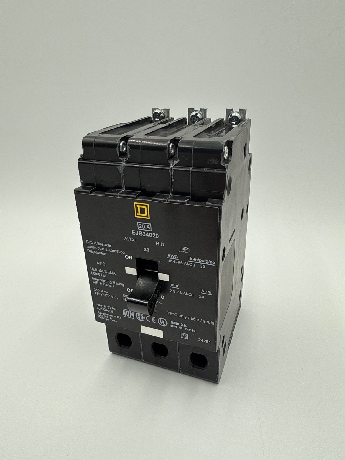 Square D EJB34020 Circuit Breaker 20A 3P 480/277V 65k EJB 20 Amp 3 Pole Bolt on