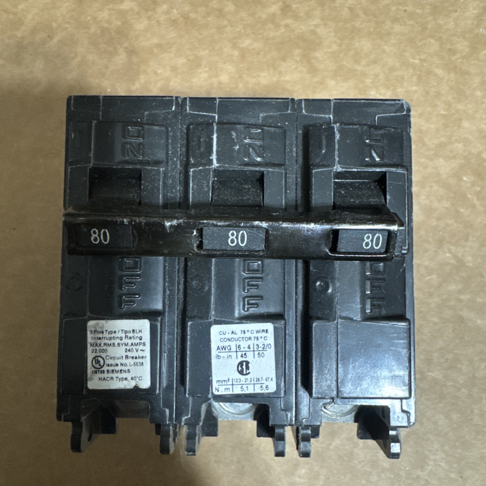 Siemens B380H 80 Amp 3 Pole 240V Bolt On Circuit Breaker CLEANED+WORKING (A)