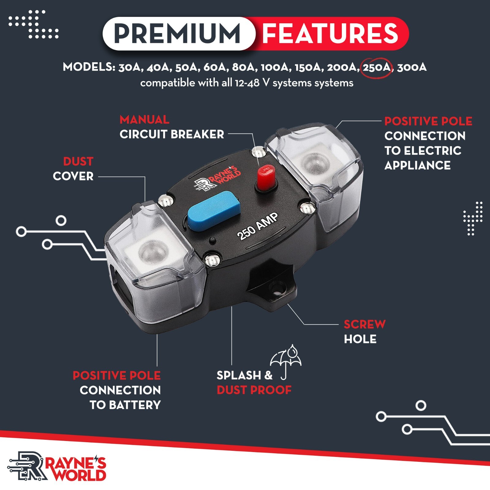 2 PACK 250 Amp 12-48V DC Inline Circuit Breaker w/ Cover Car/Audio/Boat/Solar