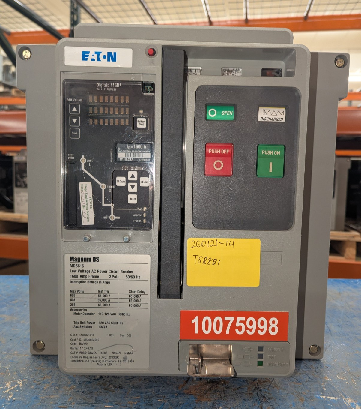 EATON CUTLER-HAMMER MAGNUM DS MDS6163WEA 1600AMP LOW VOLTAGE AC CIRCUIT BREAKER