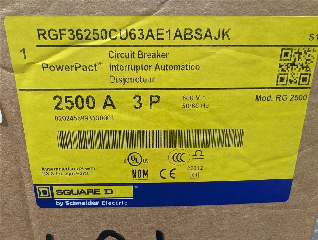2500A Schneider RG 2500 PowerPact Bolt-On Breaker 600V RGF36250CU63AE1ABSAJK
