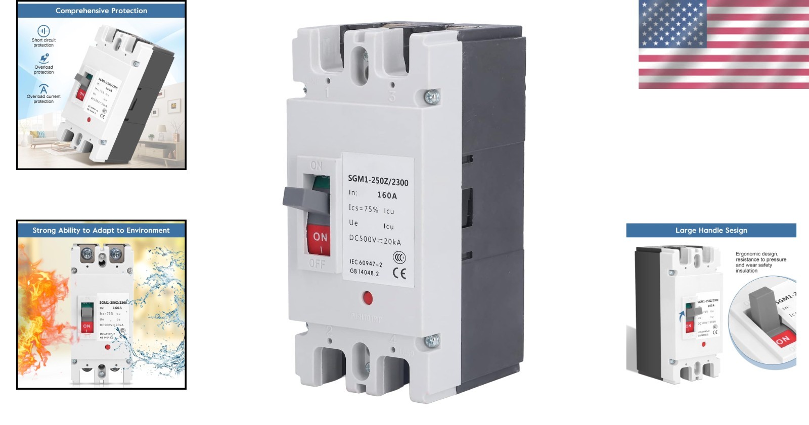 DC Circuit Breaker 500V 160A Panel Mount 2-Pole Overload Protection