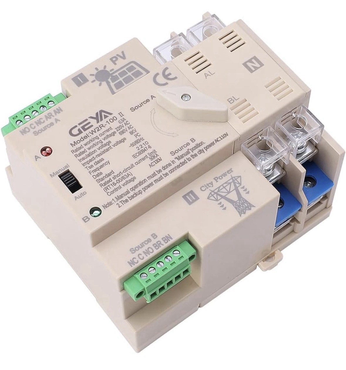 On-Grid Solar Power Automatic Transfer Switch Din Rail 2P 63A 110vac ATS PV