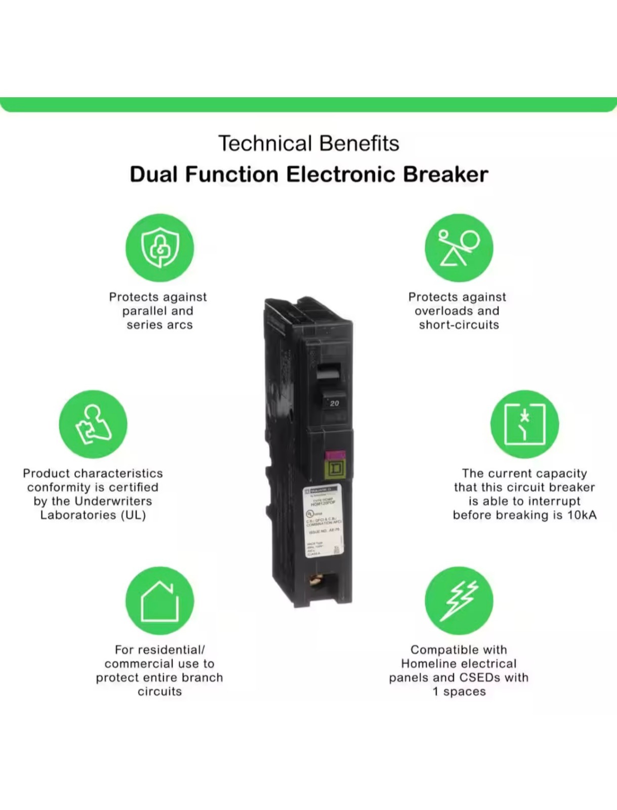 Square D HOM120PDFC, 20A, 1 Pole, Dual Function (CAFI and GFI) Circuit Breaker