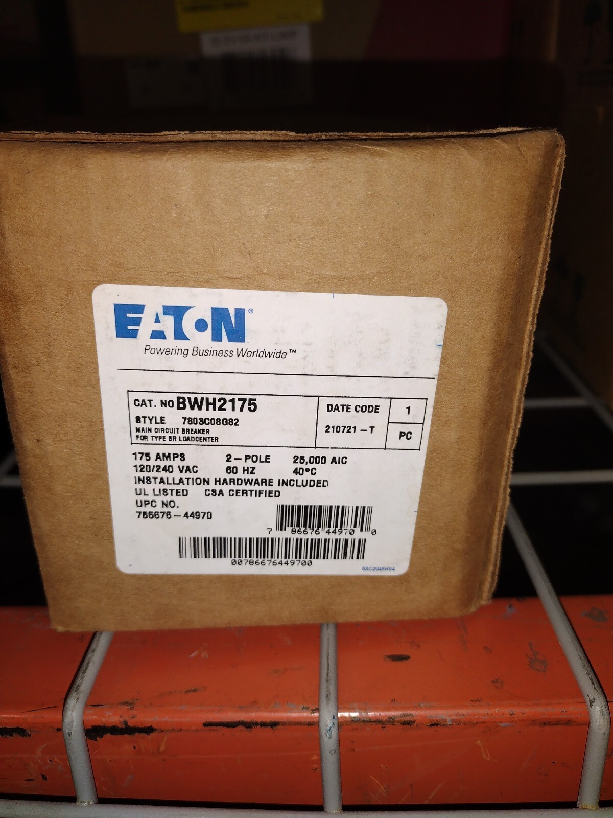 NEW Eaton BWH2175 175 Amp 2 Pole 120/240VAC Main Circuit Breaker