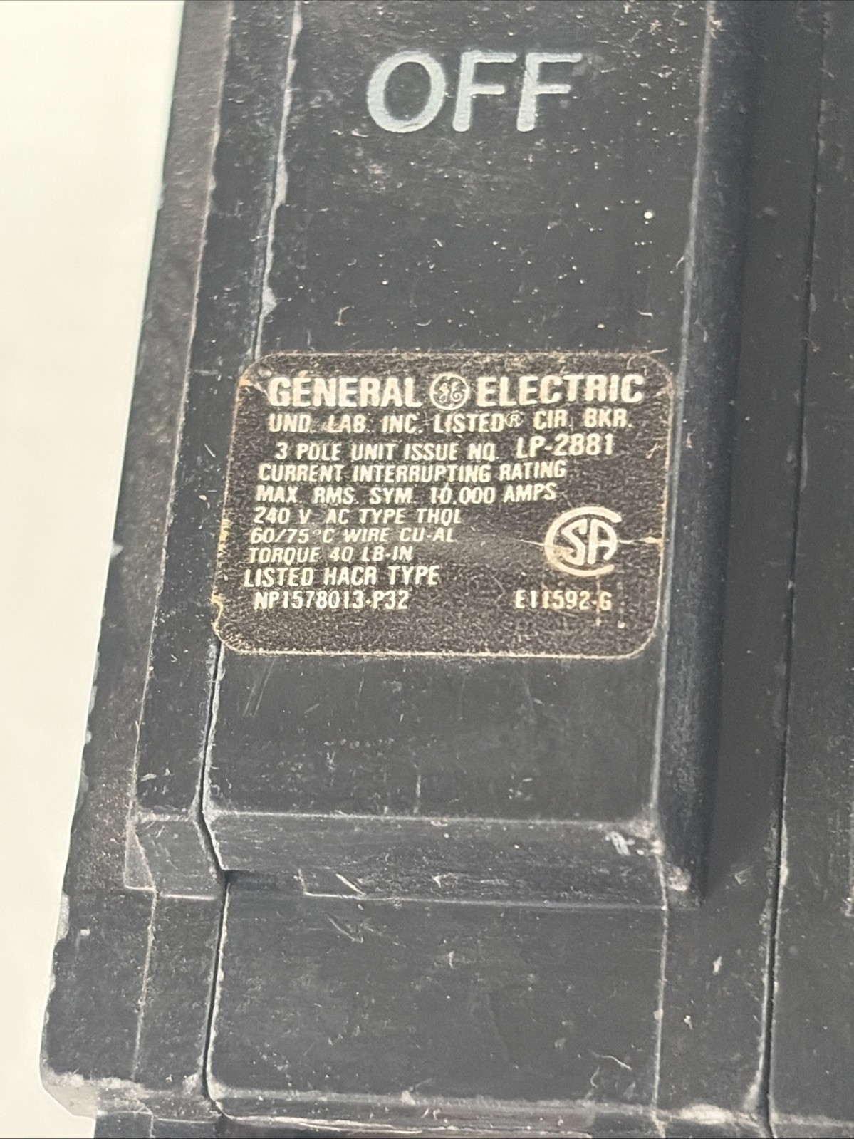 General Electric THQL32050 3Ph 3P Plug In Circuit Breaker 50A 240VAC