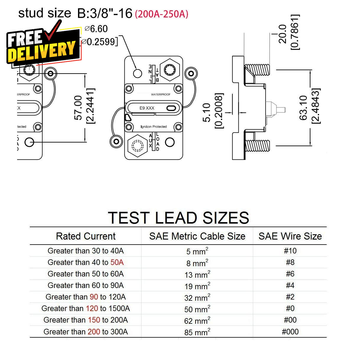 E9 T3 Hi Amp 200A 3/8 Studs Circuit Breaker with Manual Reset 12V – 48V DC
